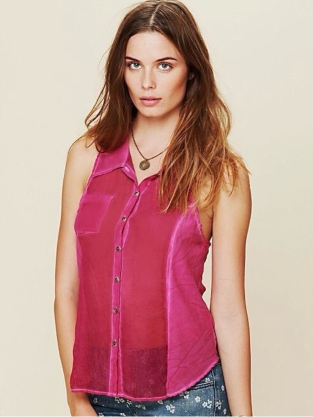 Free People Hot Pink Sheer Sleeveless Button Front Blouse Fuchsia Tank Top